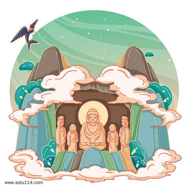 16:40:39国潮洛阳龙门石窟小场景插画******ai设计滴萌妹纸同采自sotu