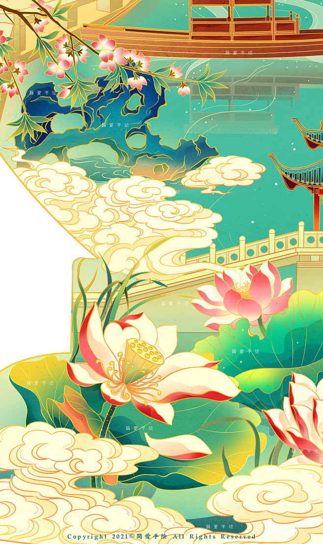 西湖十景杭州主题国风插画简爱手绘插画师作品涂鸦王国gracgcom