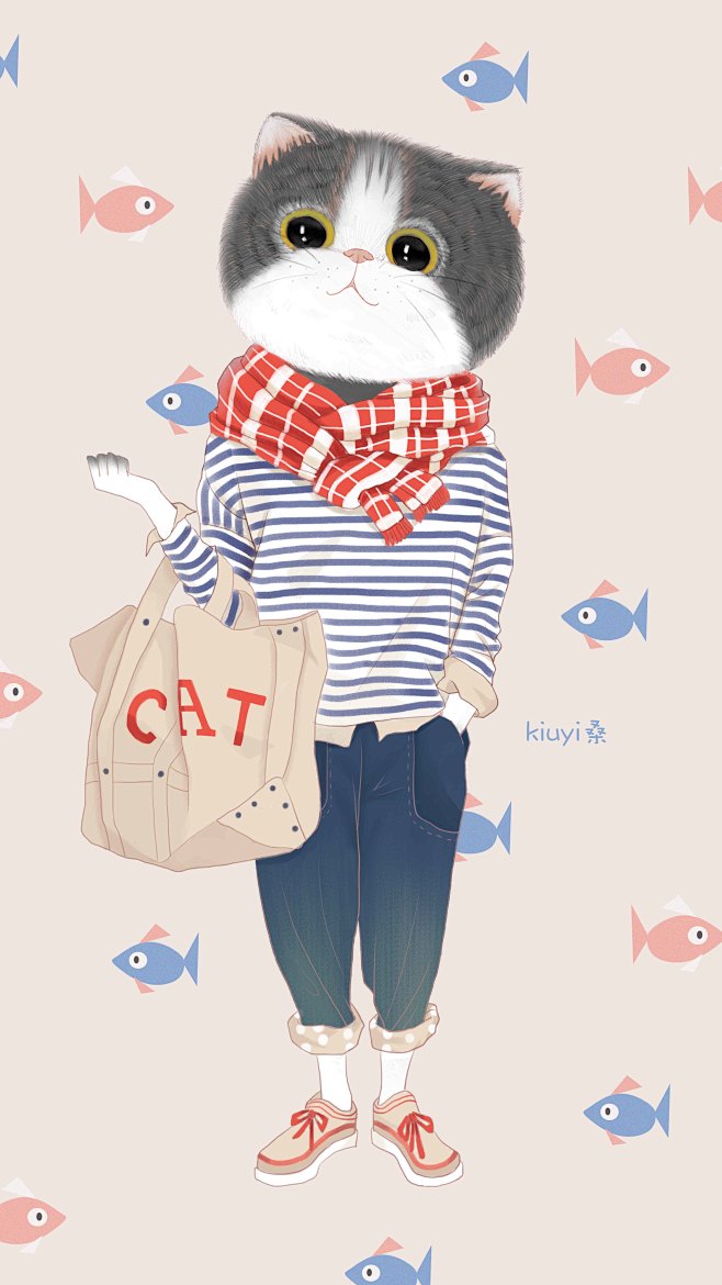 猫咪小姐可爱清新治愈动物服装时尚治愈手绘插画壁纸封面日系水彩手绘
