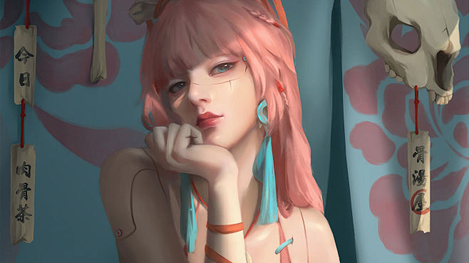 单手托腮画风精致的动漫美少女高清桌面壁纸图片