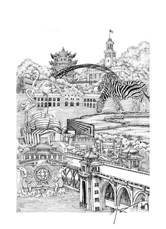 大武汉wuhan针管笔手绘武汉地标建筑