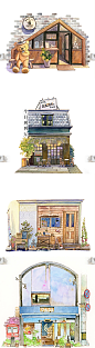 日系手绘日本建筑房屋动画漫画游戏插画图案水彩jpg参考图片素材