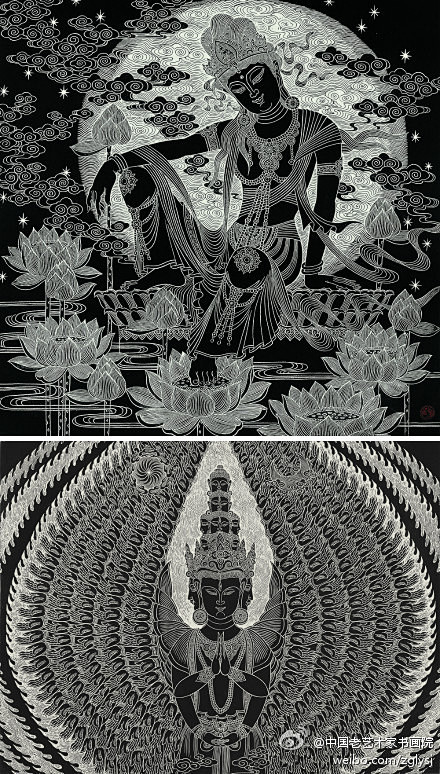 版画上水月观音图下千手千眼观音菩萨图作者王金旭作品多次参加全国美