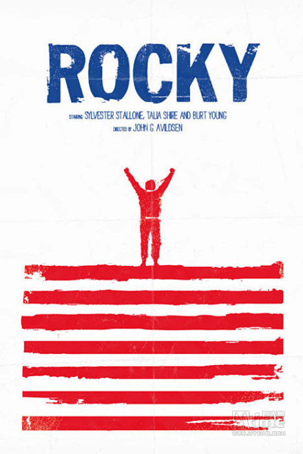 海报赏洛奇1976蓝配红的星条旗颜色加上洛奇张开双臂的造型给人积极