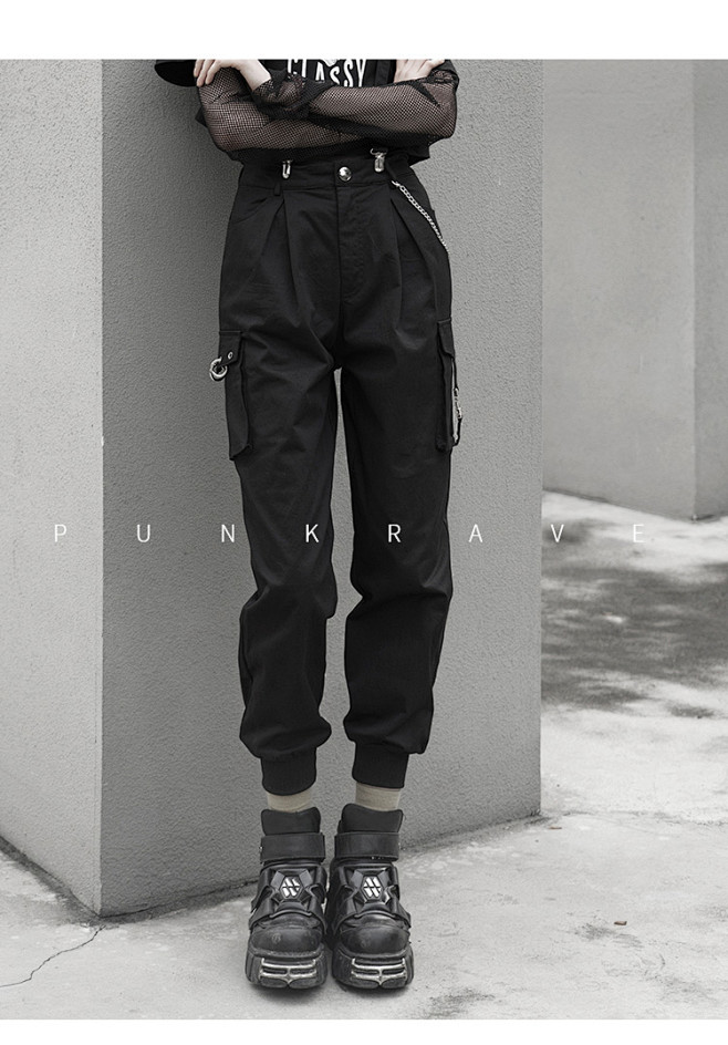 punkrave工装裤女装暗黑朋克背带裤秋冬束脚裤黑色显瘦吊带裤子潮t
