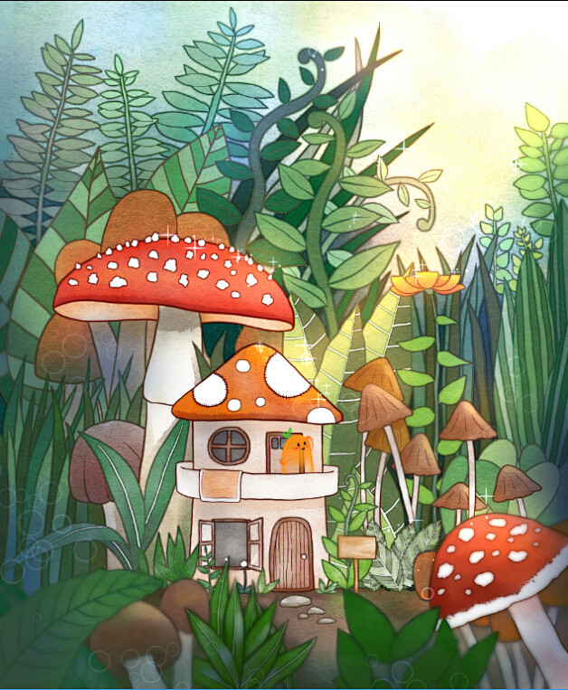 隐于蘑菇房走廊奔跑的跳跳糖蘑菇森林场景丛林儿插水彩风涂鸦王国插画