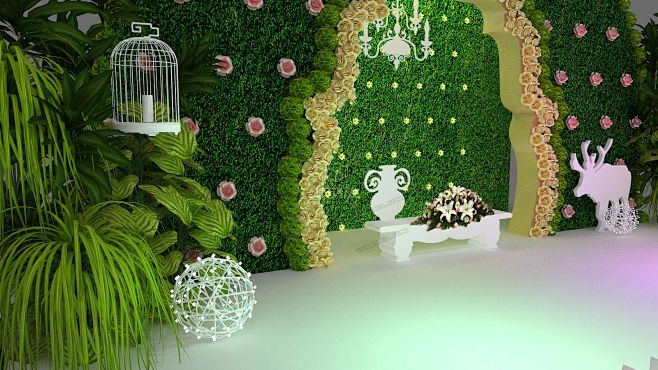 绿色清新植物舞台设计植物墙花墙美术陈列婚礼舞台舞美自然简影欧式
