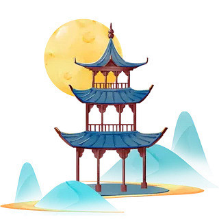 中秋节水彩风中国风插画亭子