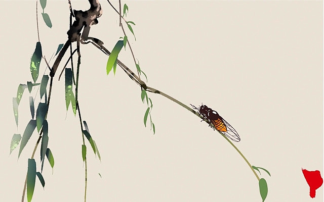 水墨古风夏天柳枝蝉原创插画海报素材元素