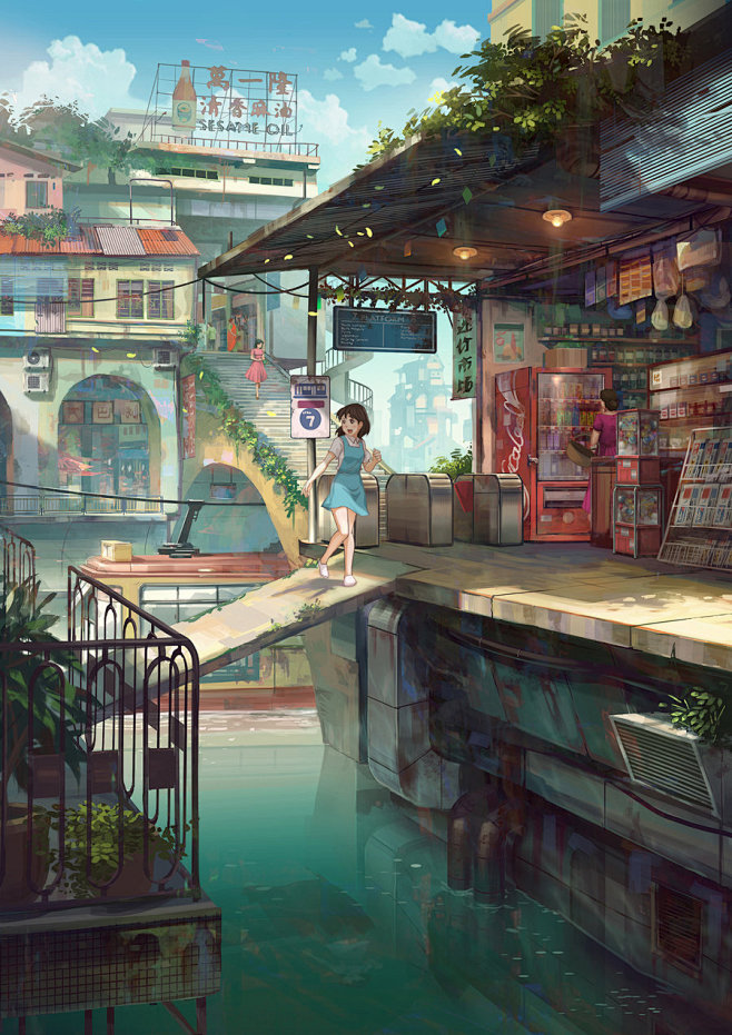 现代日式室外场景插画