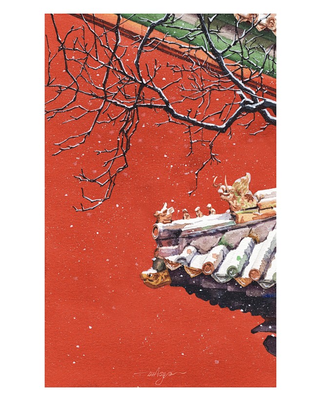 qingqianxx从三十水彩转采于2020-12-13 12:17:08写生故宫雪景水彩