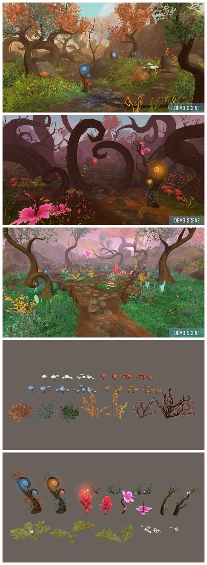 unity3d模型卡通q版幻想童話森林場景植物山石花草地表地形u3d遊戲