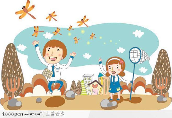 在野外捕捉蜻蜓的学生