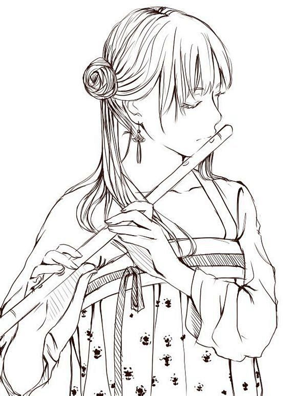 练习素材汉服少女线描