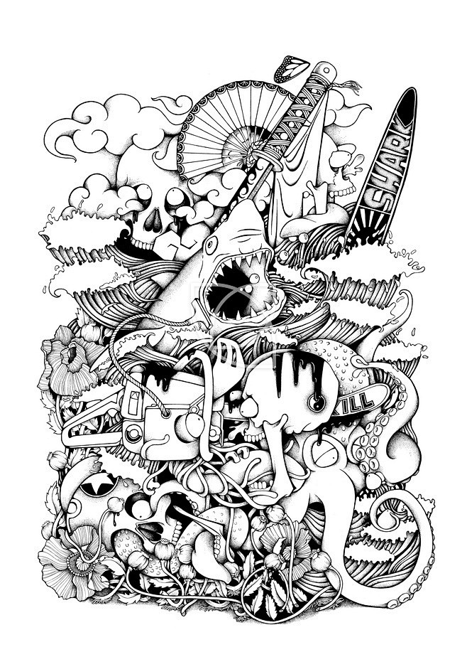 冲浪插画手绘怪物黑白潮流啊弟