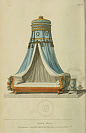 英国《Ackermann's Repository》杂志中刊登过的摄政时期的床的设计图。这本杂志在1809-1829年之间发行，涵盖了艺术、文学、制造等多方面领域。在摄政时期，家具以华丽宏伟著称，古希腊古罗马等古典元素大量应用于装饰之中、软家具多使用丝绸、天鹅绒等织品，四柱床比较流行，且多带有华丽的金属装饰。  ​​​​...展开全文c