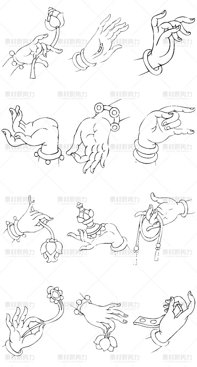 矢量佛手素材佛教元素线描宗教文化中式白描线稿工艺观音手势淘宝网
