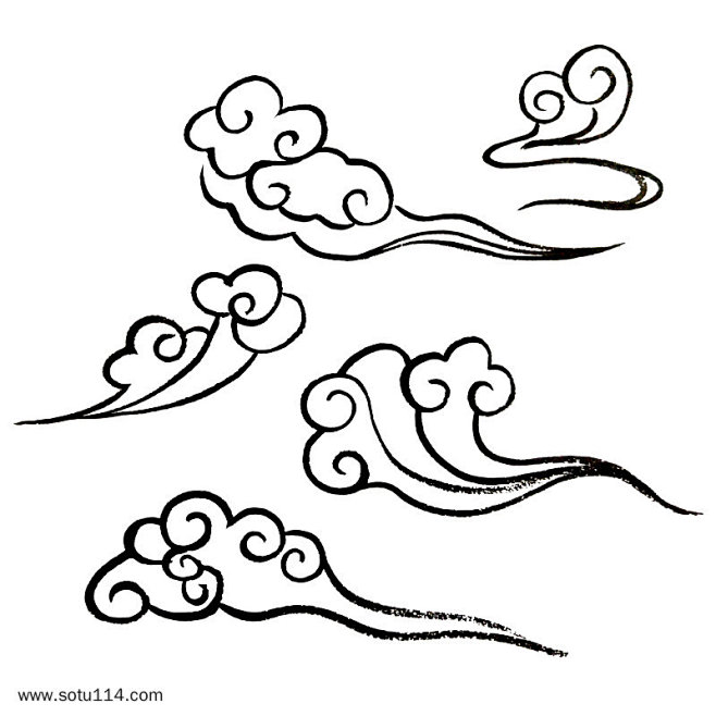 手绘黑白线条祥云素材