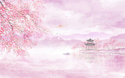 江南水乡立春春天樱花国画古风水墨插画海报背景素材春天立春春分