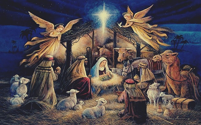 一般1920x1200耶稣基督圣诞灯天使之夜圣母玛利亚宗教绘画基督教