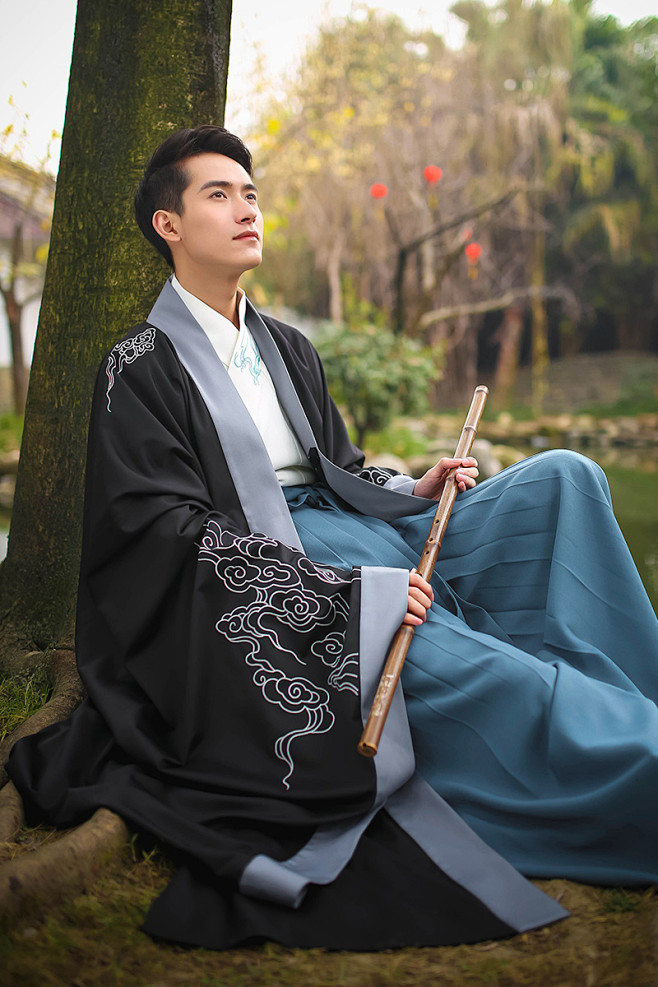 重回汉唐忘机汉服男传统礼服绣花云纹单大氅日常外套春