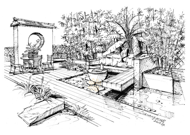 别墅庭院设计手绘透视图