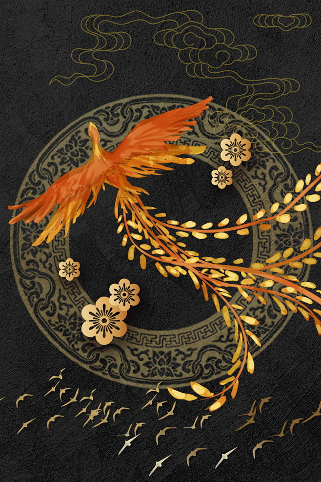 源文件可下载国潮复古中国风图腾纹理仙鹤装饰画新中式背景墙psd设计