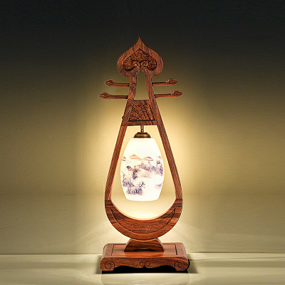 红木中式台灯装饰客厅书房卧室床头灯仿古实木陶瓷古典中国风台灯淘宝
