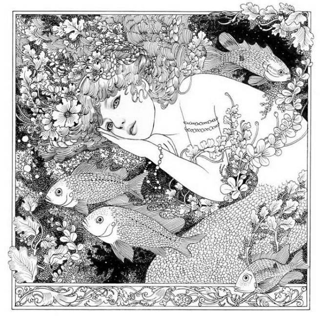 北欧神话里的少女针管笔黑白线描作品来自艺术家anniestegggerard