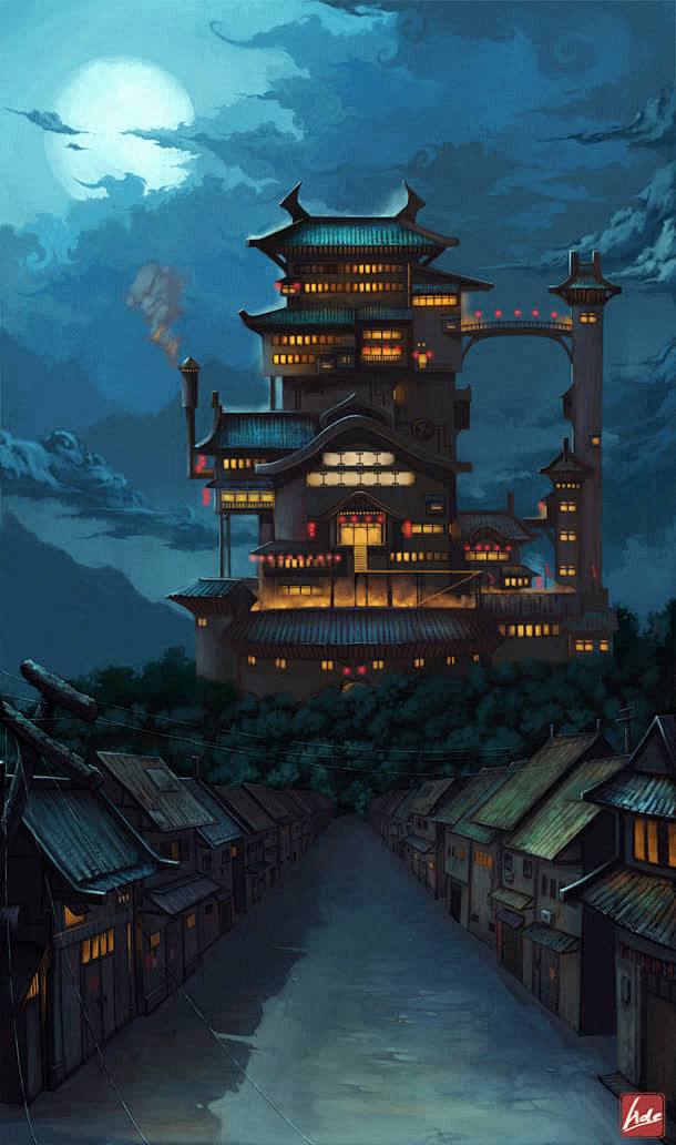 唯美古风建筑夜景插画