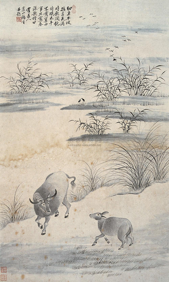 杨晋牧牛图细草平坡接远天渴时饮涧饱时眠太平不写巢由事只写春深欲