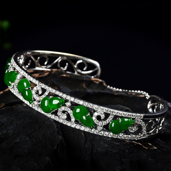 w428果敢翡翠阳绿翡翠蛋面手镯玉镯18k金镶嵌玉手镯玉器手镯a货tmall