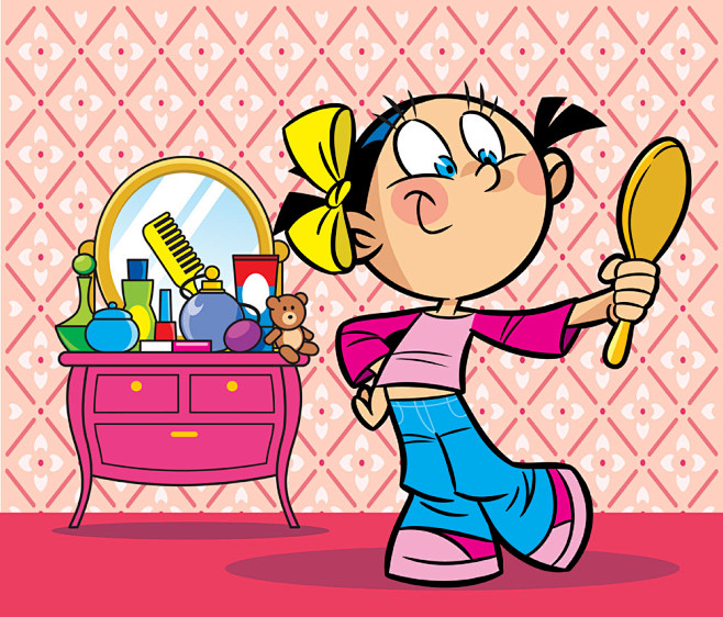 照镜子的卡通女孩图片素材