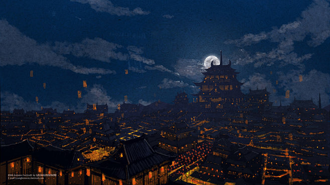 古代夜景 图画图片