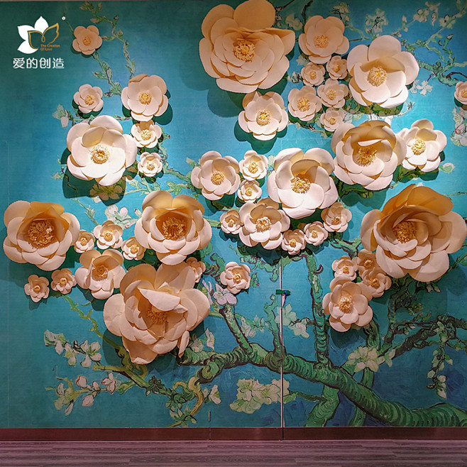 纸花装饰背景墙艺术文化长廊装饰花墙橱窗布置道具手工纸艺花杏花淘宝