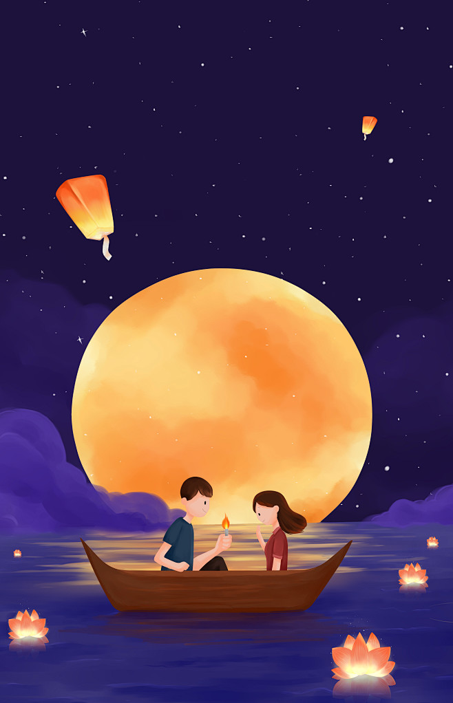 月亮下情侣坐在船上放孔明灯和花灯许愿插画