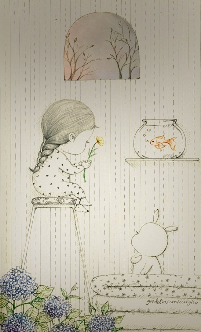 插画家coniglio小胖妮儿和兔子的手绘插画