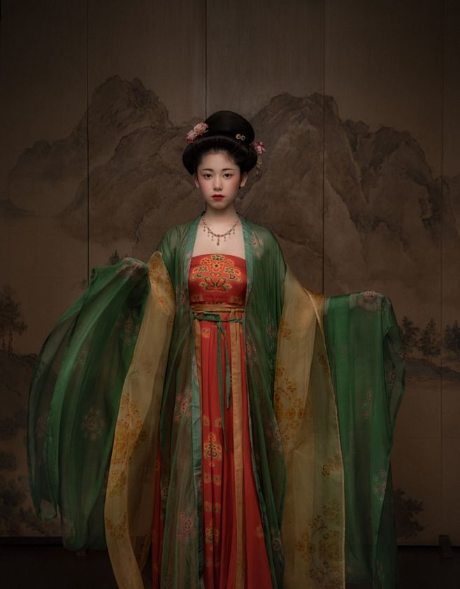 山涧武曌唐制齐胸襦裙大袖衫诃子裙真丝夏季簪花仕女图汉服出租淘宝网