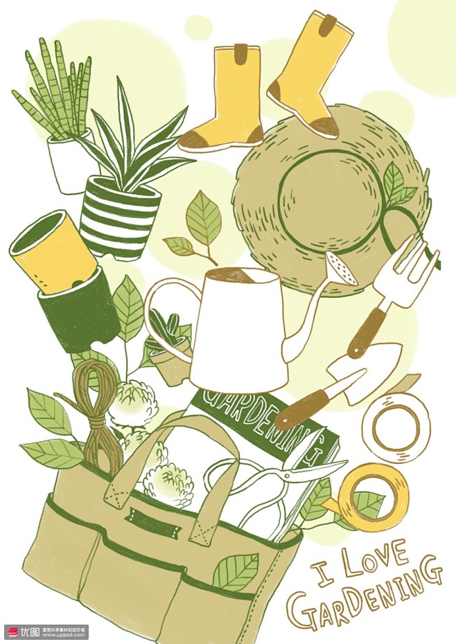 园艺工具绿色主题盆栽植物手绘插图插画设计psdtid050t003221工具物品