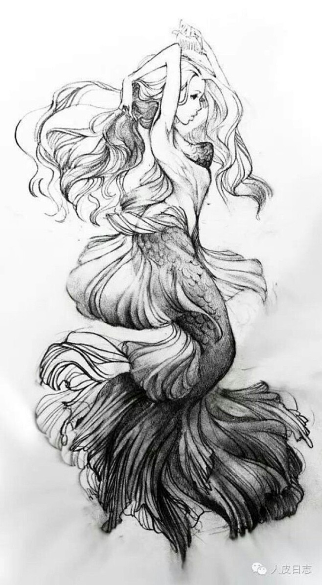 美人鱼纹身图案黑白图片
