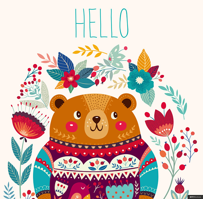 插画手绘熊彩色春天卡通动物萌宠动物插画绘画