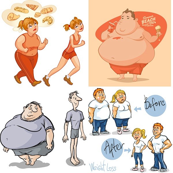 可爱卡通胖子和瘦子体型 健康饮食健身运动对比图 eps矢量源文件
