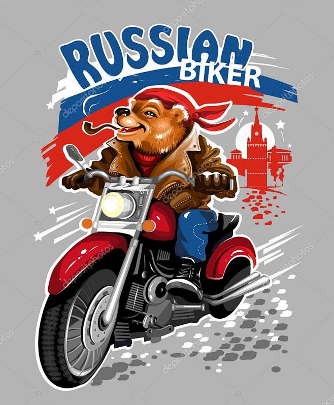俄罗斯熊皮夹克和头巾骑一辆摩托车在灰色的背景上骑自行车的人矢量图