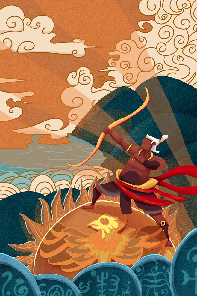 中国古代神话传说嫦娥奔月女娲补天传统手绘插画psd海报设计素材源