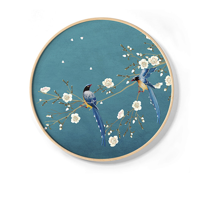 新中式国风入户门厅玄关装饰画竖版过道走廊实木圆形挂画双飞花鸟淘宝