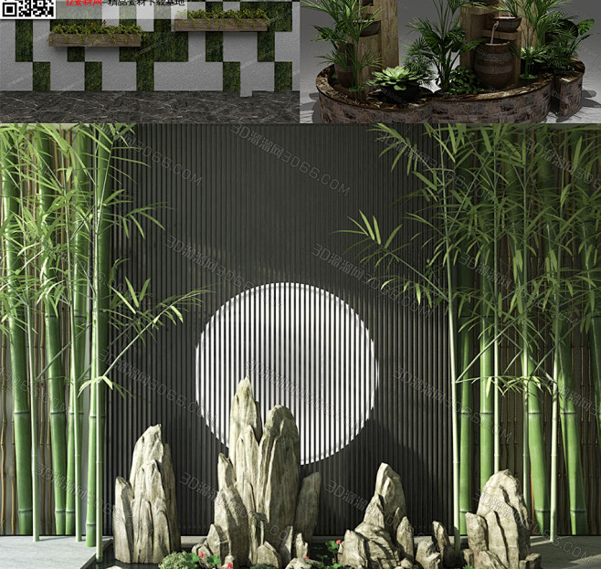 園林景觀小景3dmax模型新中式禪意3d模型花園庭院假山竹子植物牆淘寶