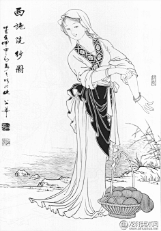 net 刘公华白描人物之工笔白描仕女图024:西施浣纱图 aihuahua.