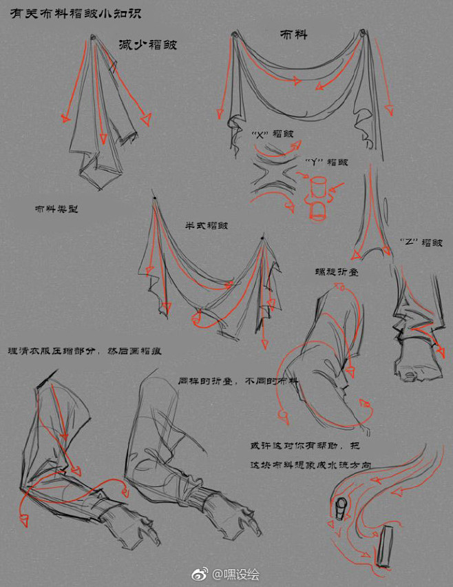 布料堆积而产生的褶皱折皱的画法参考相来自嘿设绘微博