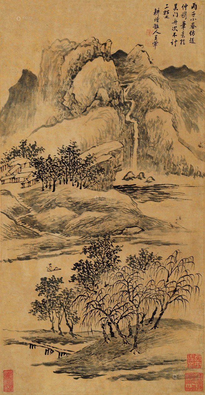 王翚春山图溪山幽林丙子小春仿赵仲穆笔意人物山水立轴d欣赏