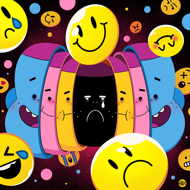 feelingspsychologyoverthinkillustratoncolorspinkblueyellowblack